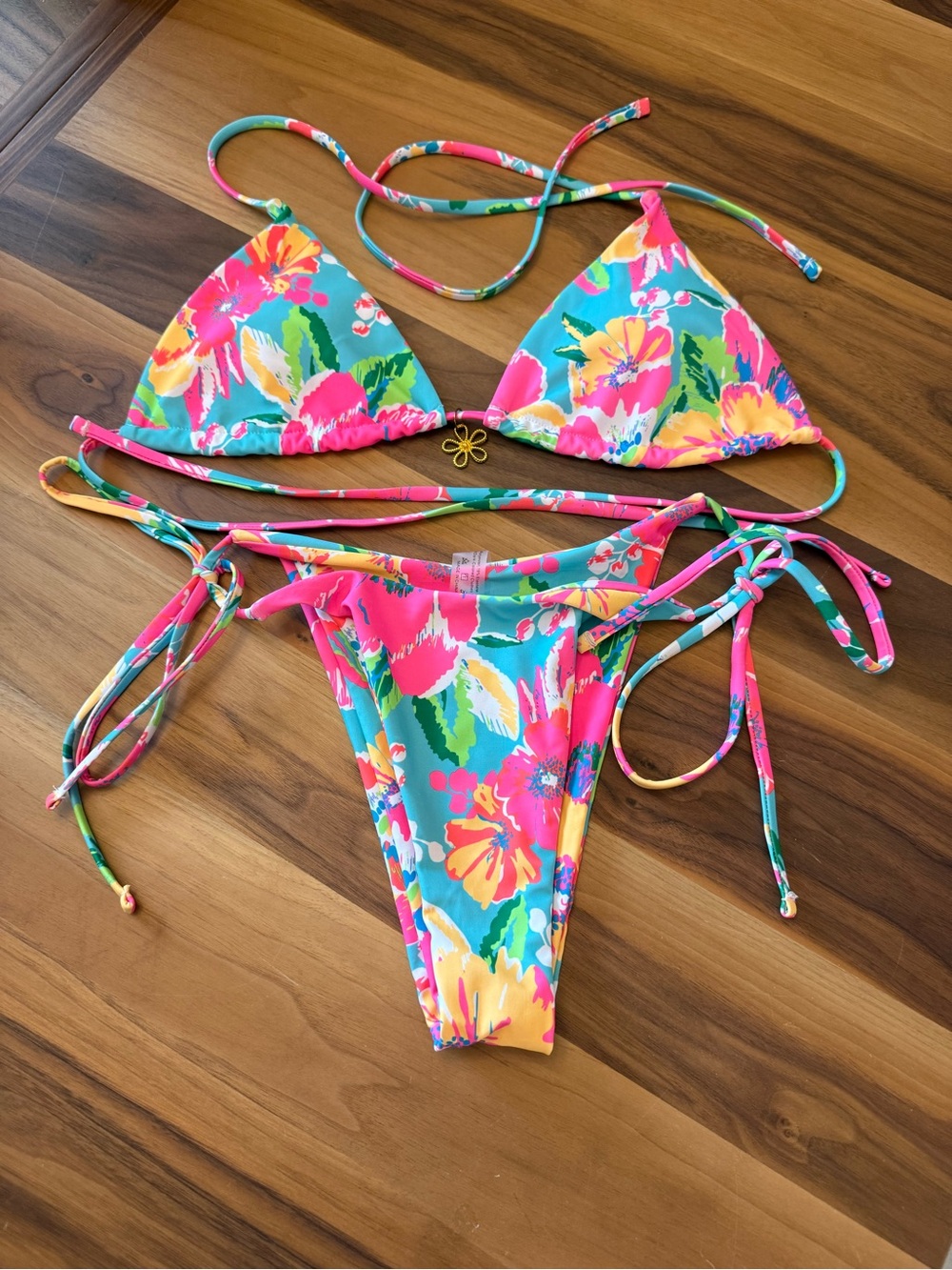 SHEIN Pink Teal Yellow Floral Tie-Side Bikini